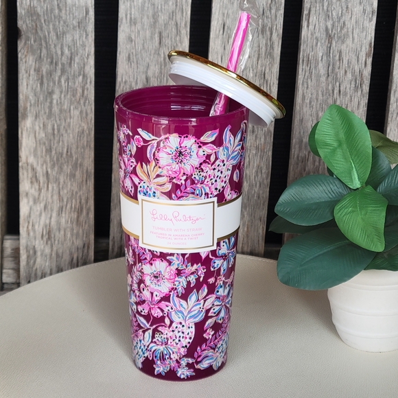 Lilly Pulitzer Floral Tumbler with Gold Lid - Amerena Cherry Tropical 24oz - Picture 4 of 7